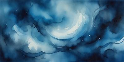 The primary subject of the image is a painting of a wave in the ocean. The setting is a cloudy sky, and the visual style is a watercolor painting. The dominant colors are blue and white, creating a serene and calming atmosphere.